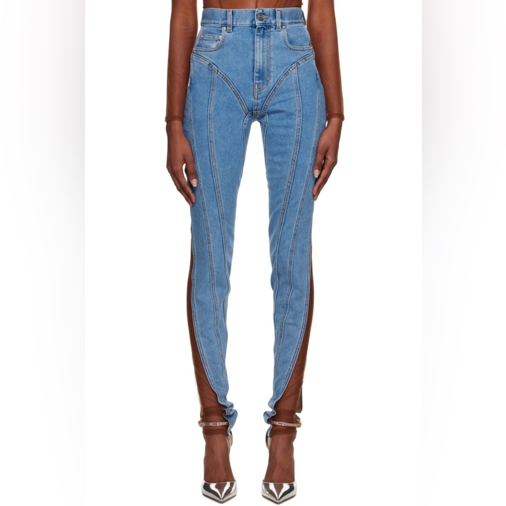 MUGLER Nude Sheer Paneled Blue Paneled Jeans FR Size 36 / US 4 NWT